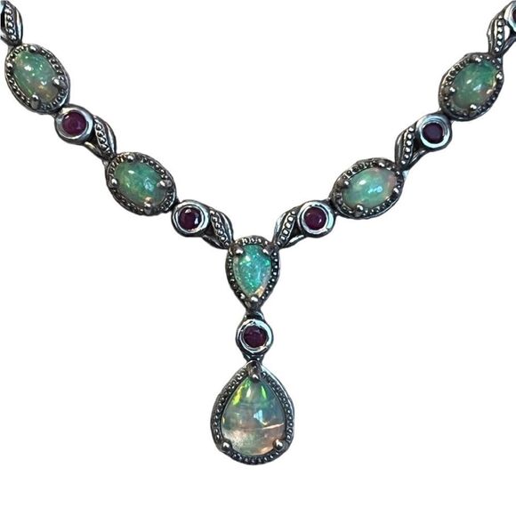 GORGEOUS Genuine Ethiopian Opal Ruby Drop Platinum Over Sterling Silver Necklace - Picture 3 of 8